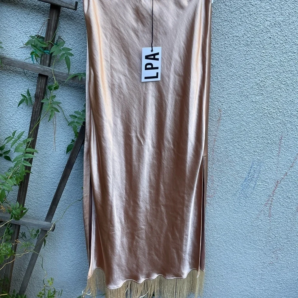 LPA Fringe Skirt Cream Satin Fringe Party Revolve S NWT - Picture 4 of 8